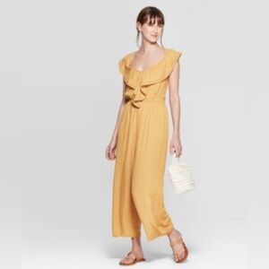 Xhileration Sleeveless Mustard Yellow V-Neck Ruffle Jumpsuit Romper Size M